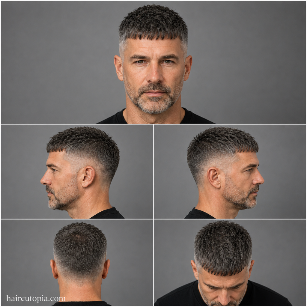 Five-view collage of a Caesar cut haircut for men over 40 showing front, left side, right side, back, and top views with textured hair and a clean taper fade