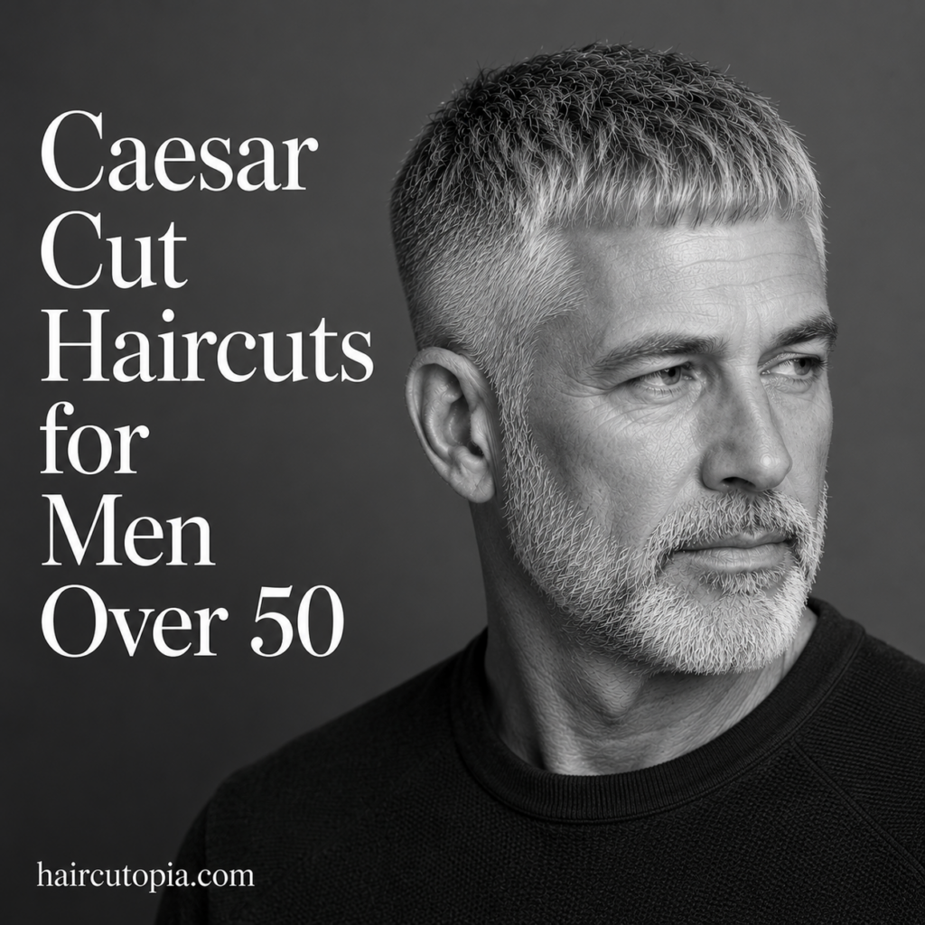 Man over 50 with a silver Caesar cut haircut featuring a textured fringe and clean tapered sides in a black and white editorial portrait