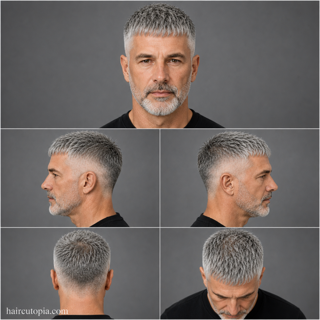 Five-view collage of a Caesar cut haircut for men over 50 showing front, left side, right side, back, and top views with textured silver hair and tapered sides