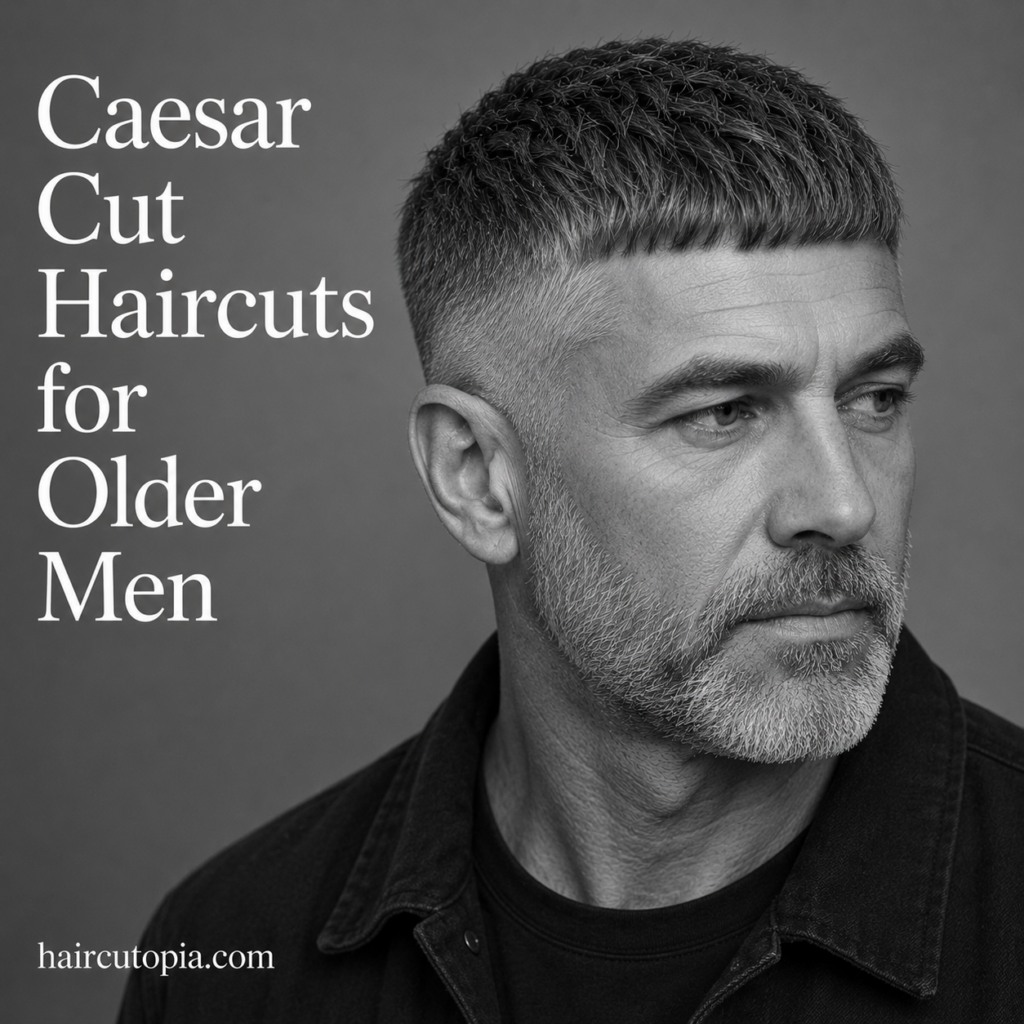 Older man with a silver Caesar cut haircut and neatly groomed beard in a black and white editorial portrait