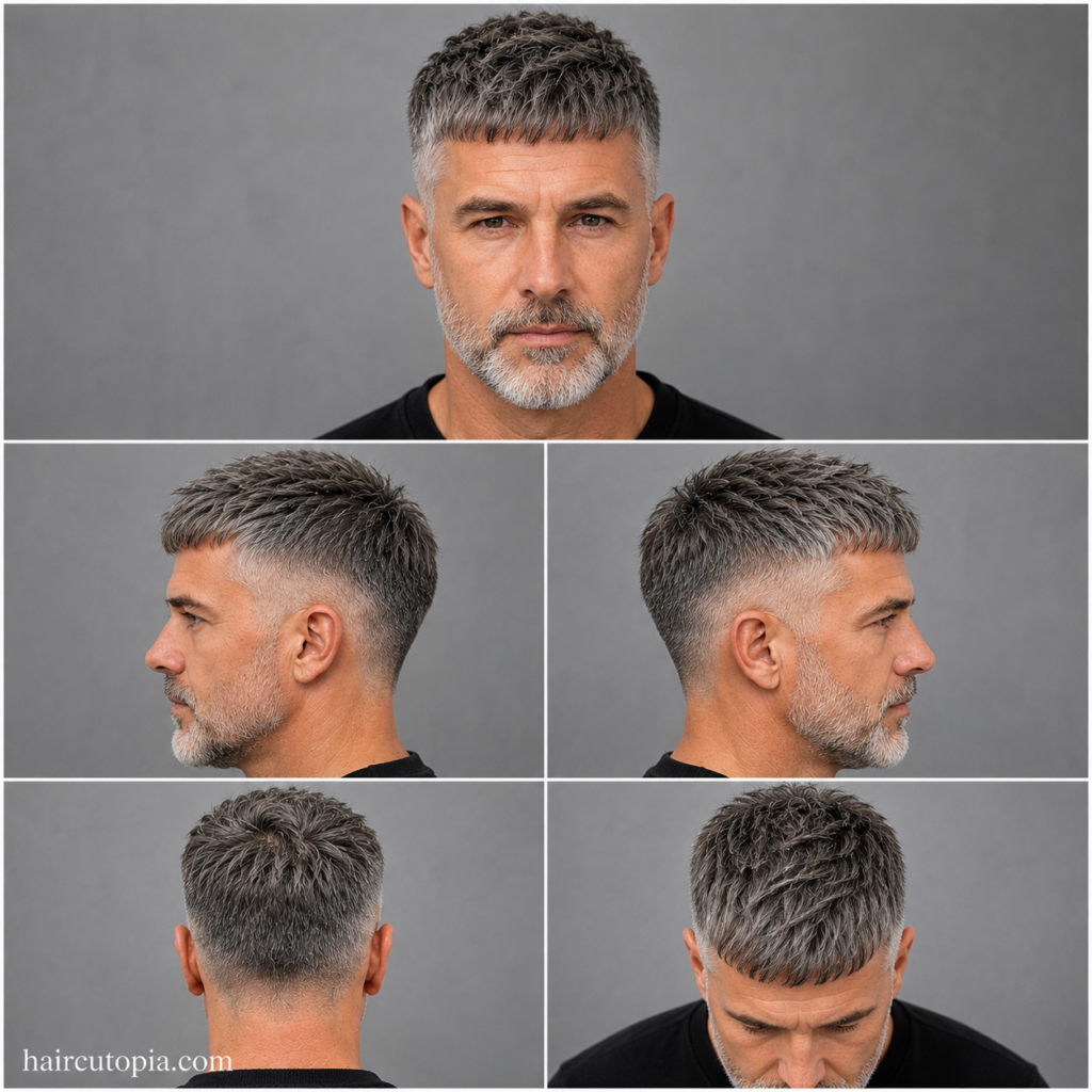 Five-view collage of a Caesar cut haircut for older men showing front, left side, right side, back, and top views with textured gray hair and a clean taper