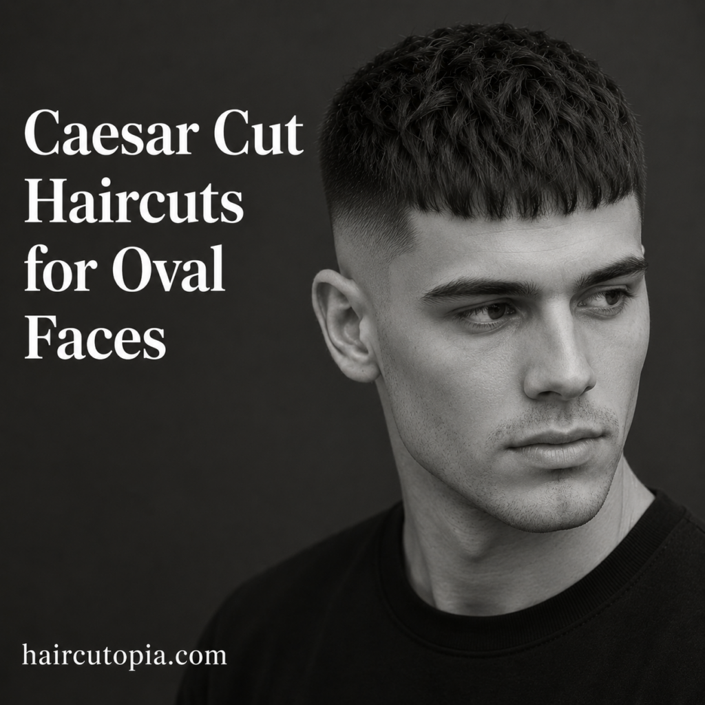 Man with a modern textured Caesar cut haircut styled for an oval face shape