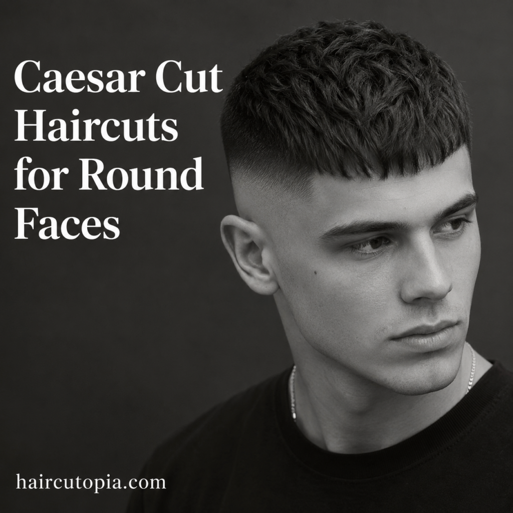 Man with a textured Caesar cut and fade haircut styled for a round face shape