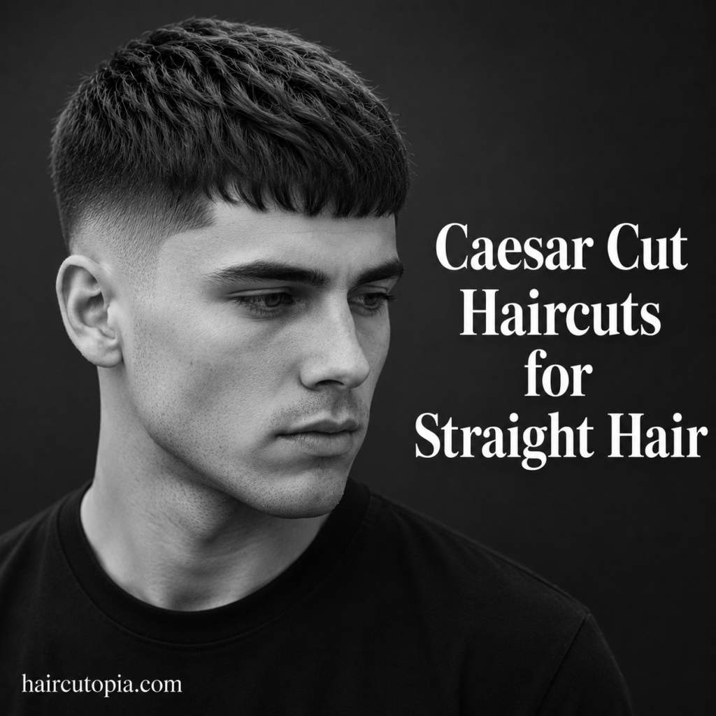 Man with a modern Caesar cut for straight hair featuring a textured fringe, clean fade, and structured styling in a black and white editorial portrait.