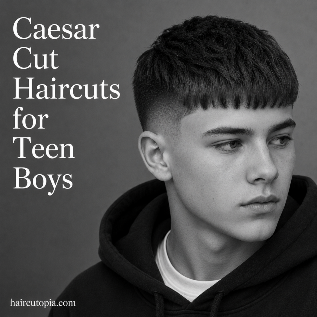 Teen boy with a modern Caesar cut haircut featuring a textured fringe and clean fade in a black and white editorial portrait