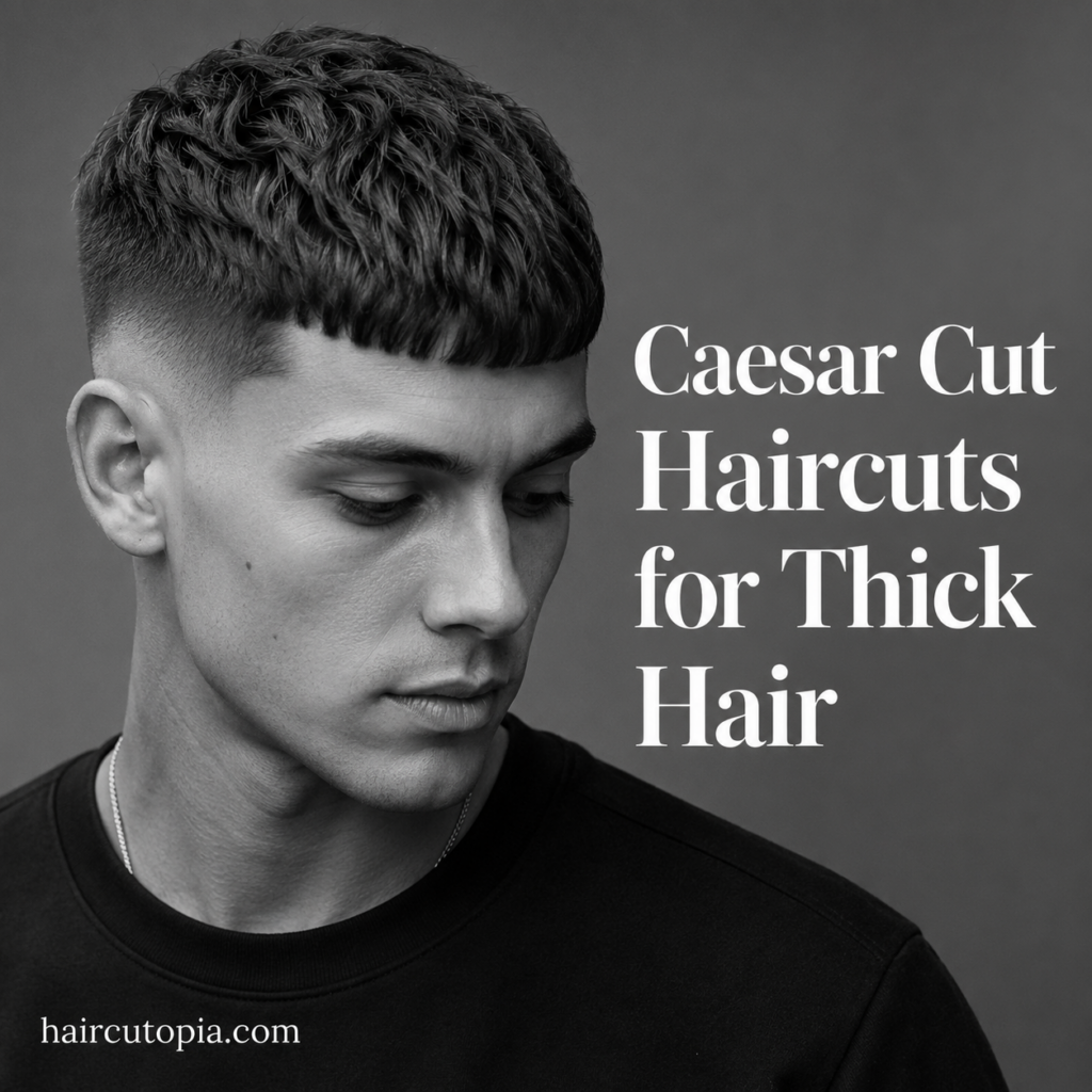 Man with a modern Caesar cut haircut for thick hair featuring textured volume and faded sides in a black and white studio portrait.