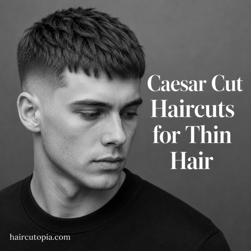 Man with a modern Caesar cut haircut for thin hair featuring textured layers and a clean fade in a black and white studio portrait.