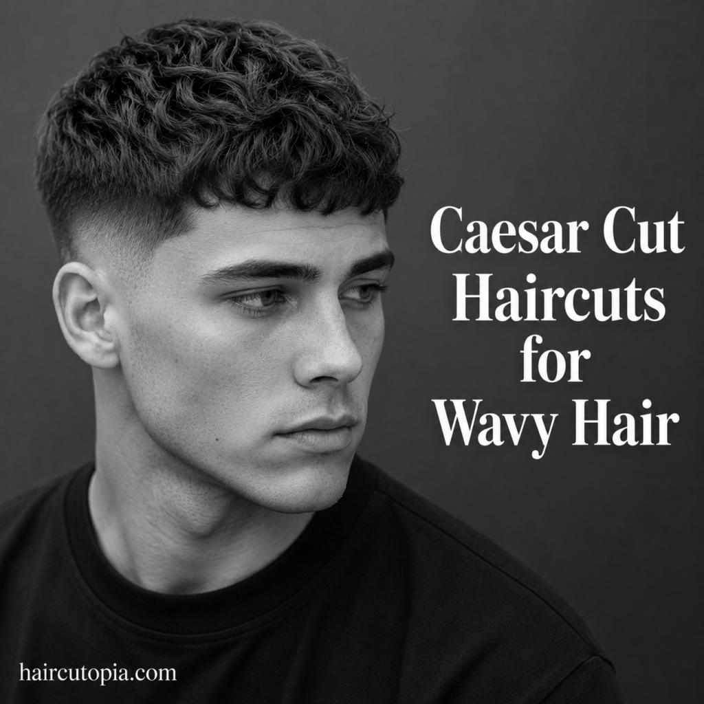 Man with a modern Caesar cut for wavy hair featuring natural texture, soft waves, a defined fringe, and faded sides in a black and white editorial portrait.