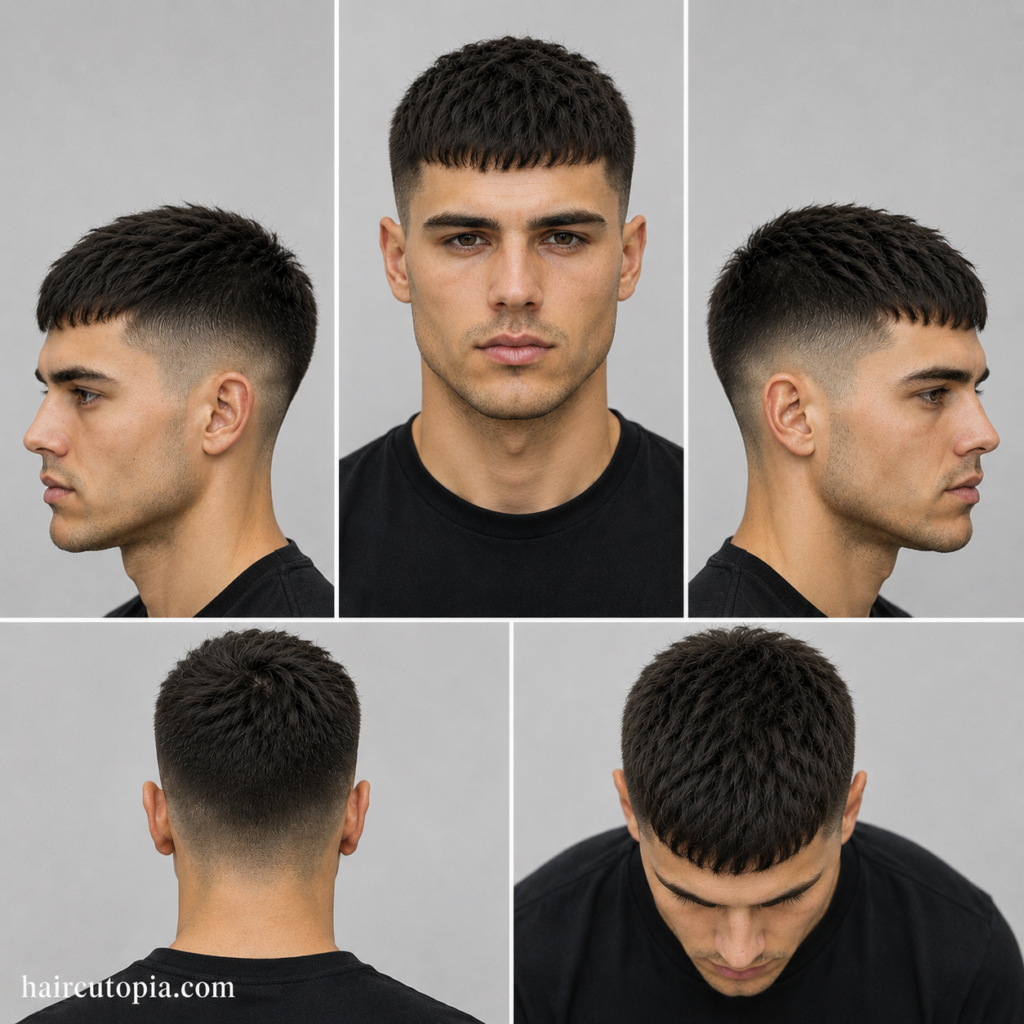 Five-panel collage showing a Caesar cut haircut for heart-shaped faces from front, side, back, and top views