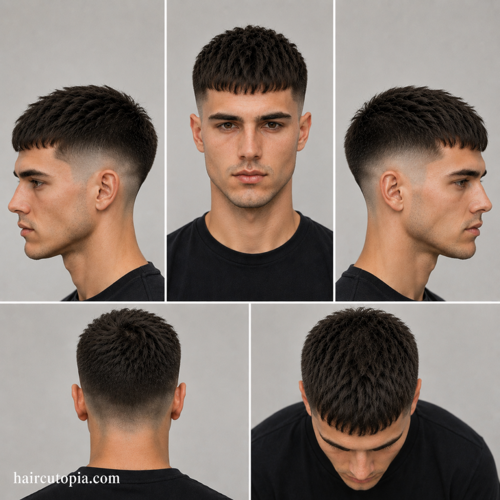 Five-panel collage showing a Caesar cut haircut for long faces from front, side, back, and top views