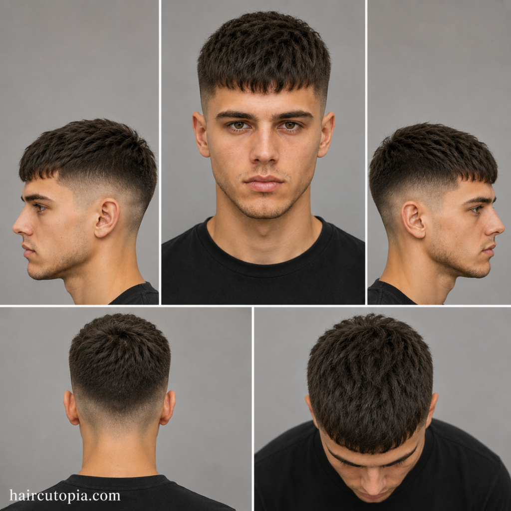 Five-panel collage showing a Caesar cut haircut for oval faces from the front, sides, back, and top view