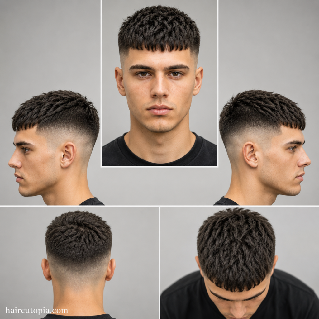 Five-panel collage showing a Caesar cut haircut for round faces from front, side, back, and top views