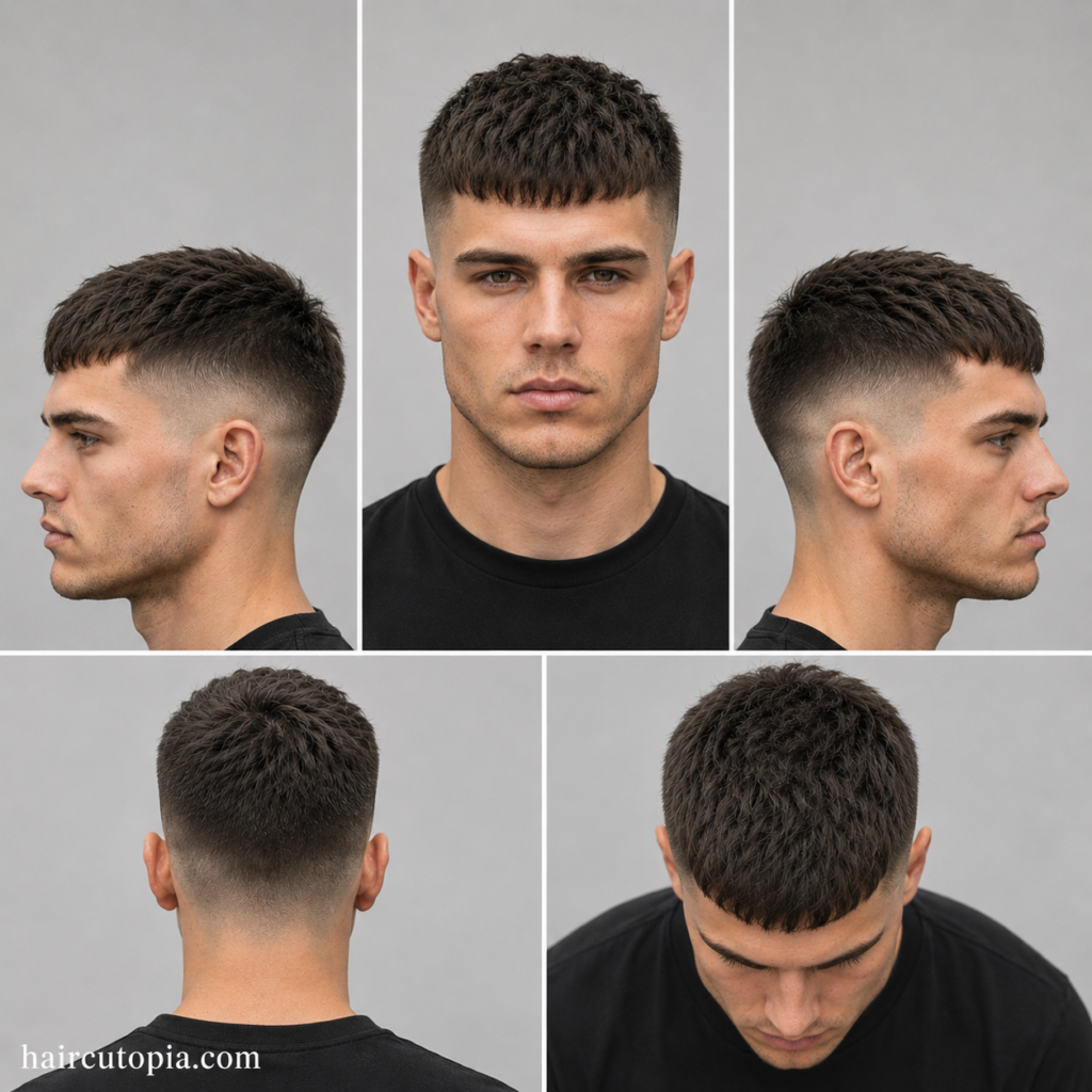 Five-panel collage showing a Caesar cut haircut for square faces from front, side, back, and top views