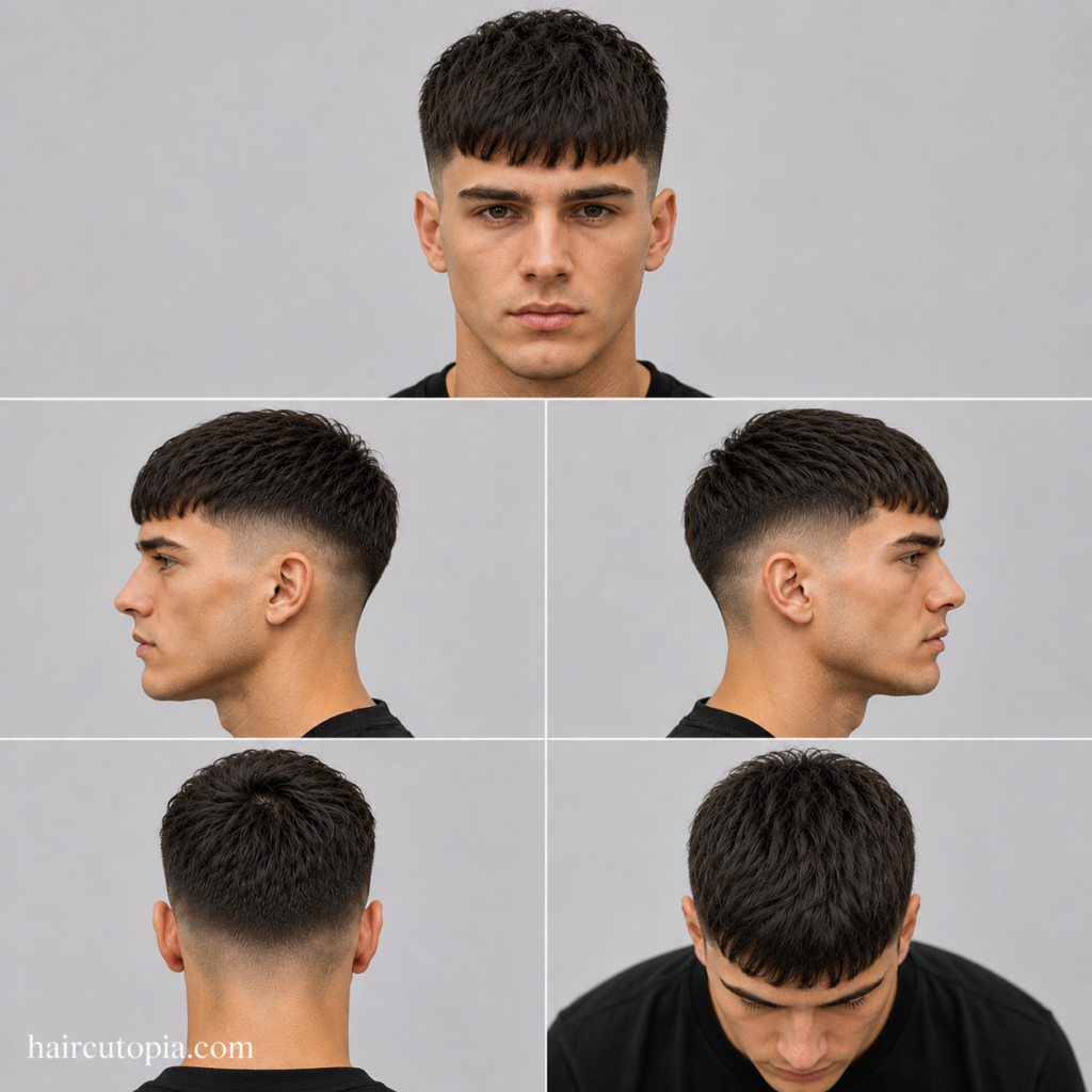 Five-panel collage showing a Caesar cut haircut for straight hair from the front, left side, right side, back, and bird's-eye top view.