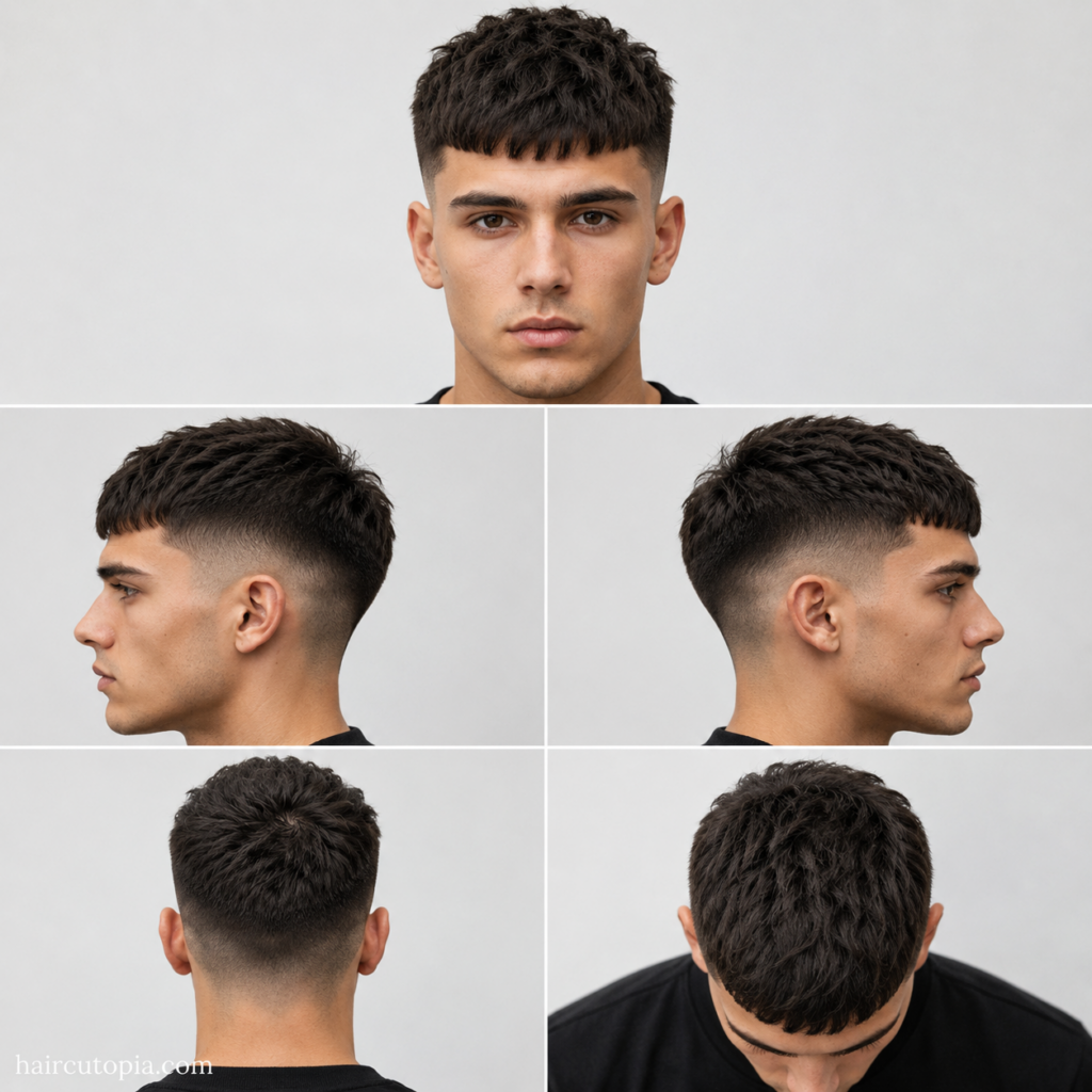Five-panel collage showing a Caesar cut haircut for thick hair from the front, left side, right side, back, and top views.