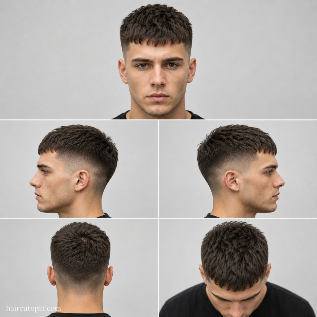 Five-panel collage showing a Caesar cut haircut for thin hair from the front, left side, right side, back, and top views.