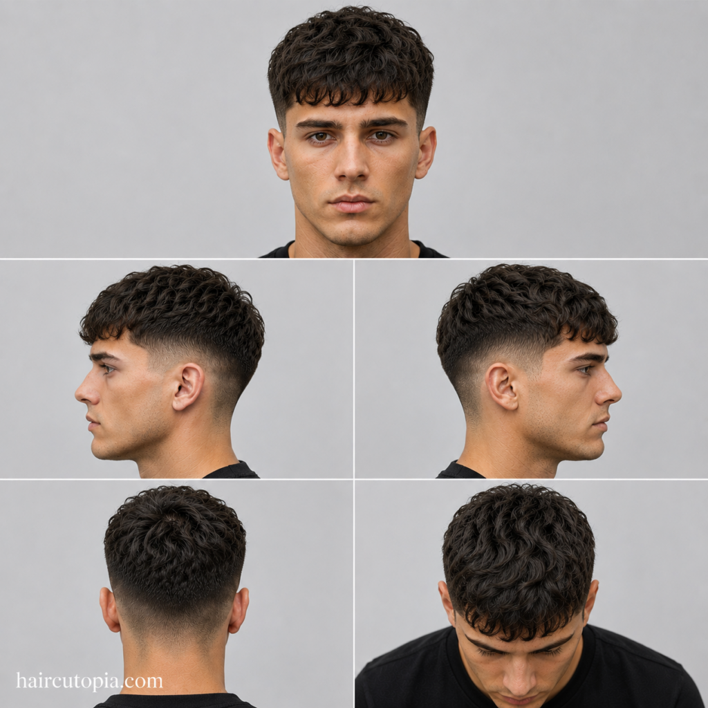 Five-panel collage showing a Caesar cut haircut for wavy hair from the front, left side, right side, back, and bird's-eye top view.