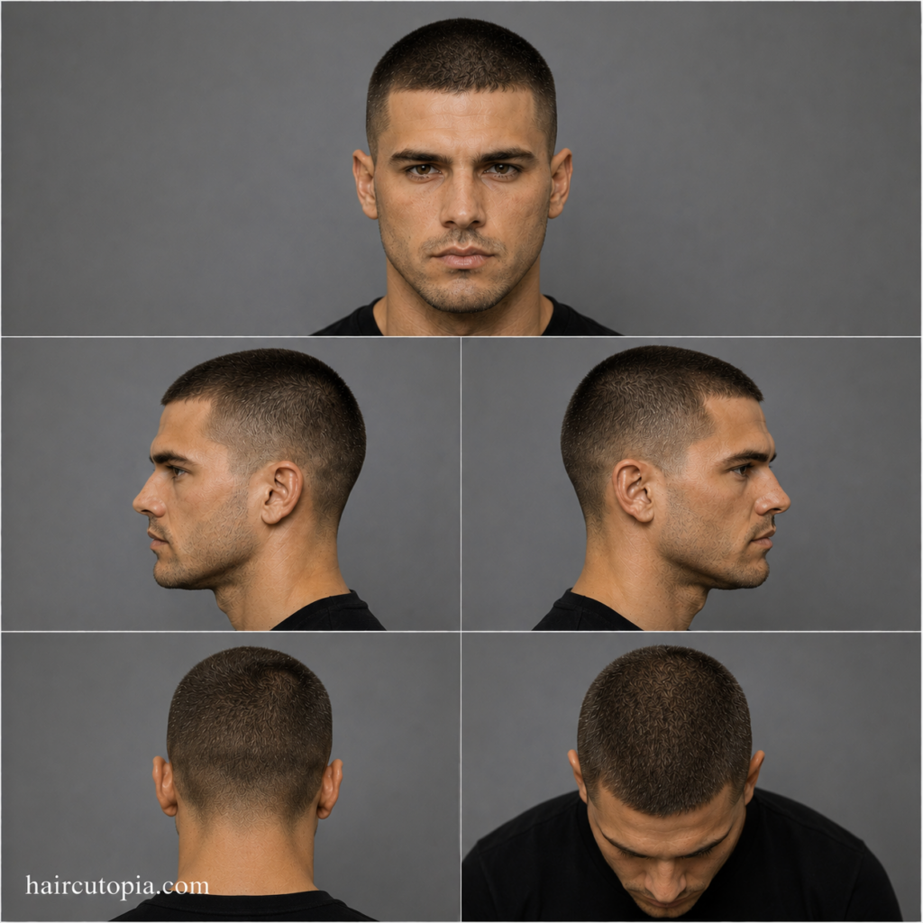 Five-panel collage showing a classic buzz cut haircut from the front, left side, right side, back, and top views.