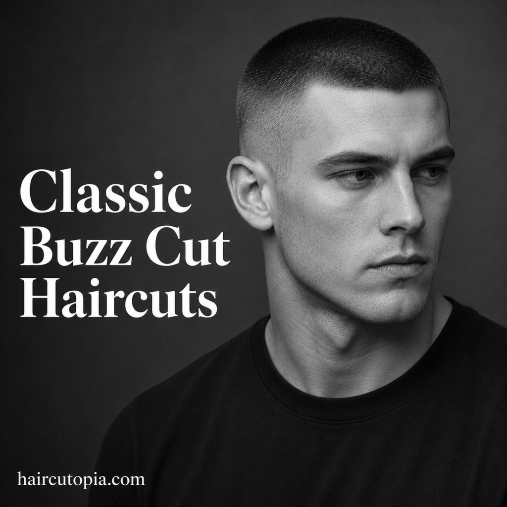Man with a classic buzz cut haircut featuring a clean uniform length and timeless masculine style.