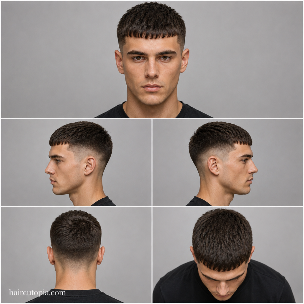 Five-view collage of a classic Caesar cut haircut showing front, left side, right side, back, and top views with a traditional fringe and clean taper