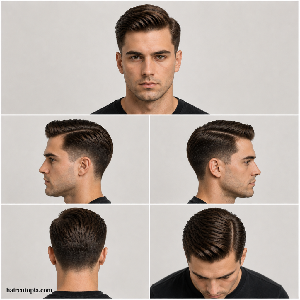 Five-view collage showing a classic men’s comb over haircut from the front, left side, right side, back, and top