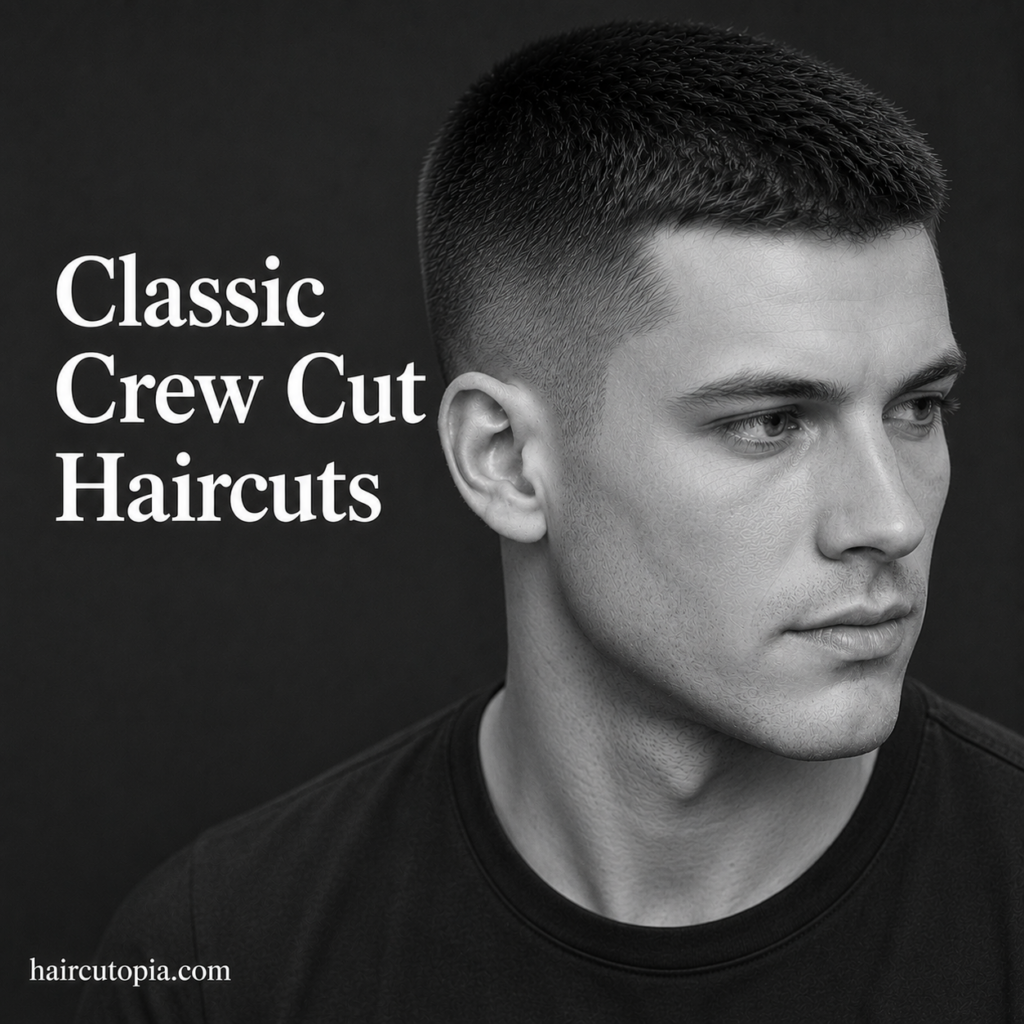 Man with a classic crew cut haircut featuring traditional fade blending in a black and white editorial portrait