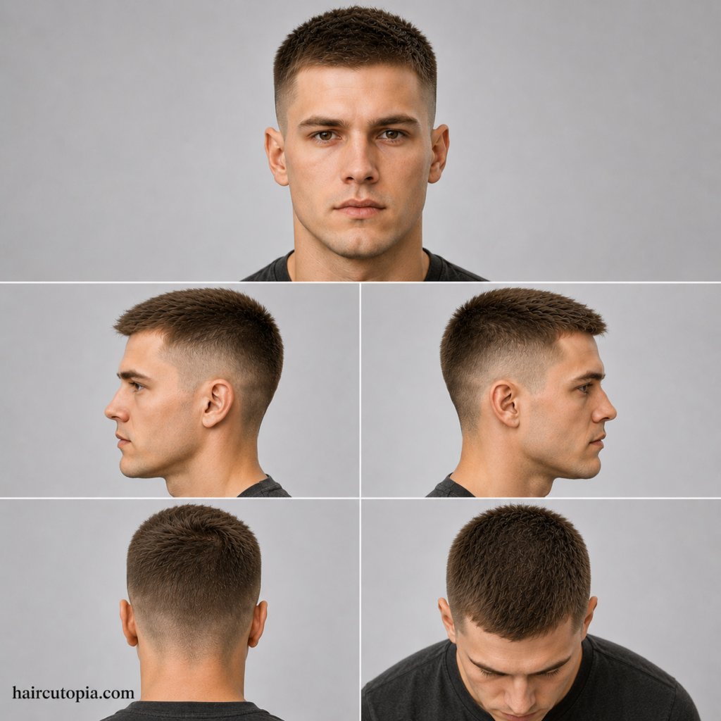 Five-panel collage showing a classic crew cut haircut from front, left side, right side, back, and top views