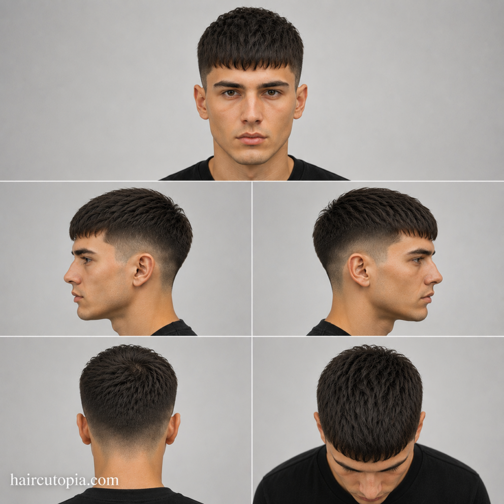 Five-view collage of a classic French crop haircut showing front, side, back, and top views
