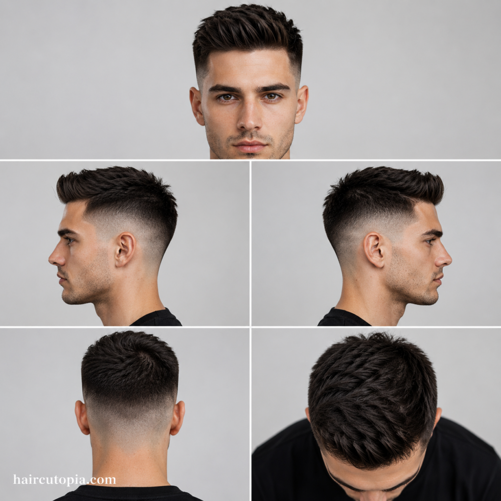 Five-panel collage showing a classic high fade haircut from the front, left side, right side, back, and top views with detailed fade blending and texture.