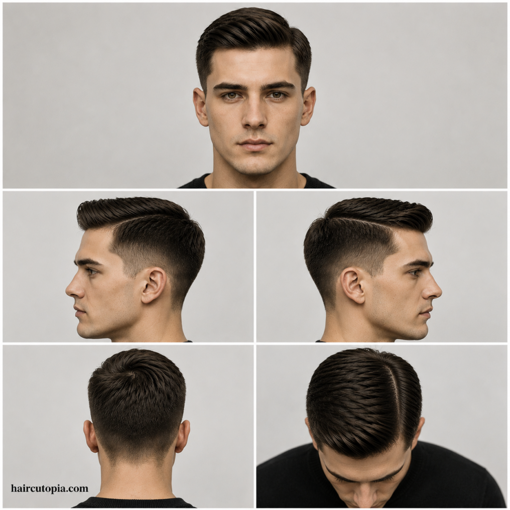 Five-view collage of a classic Ivy League haircut showing front, left side, right side, back, and top views with a traditional side part and tapered finish.