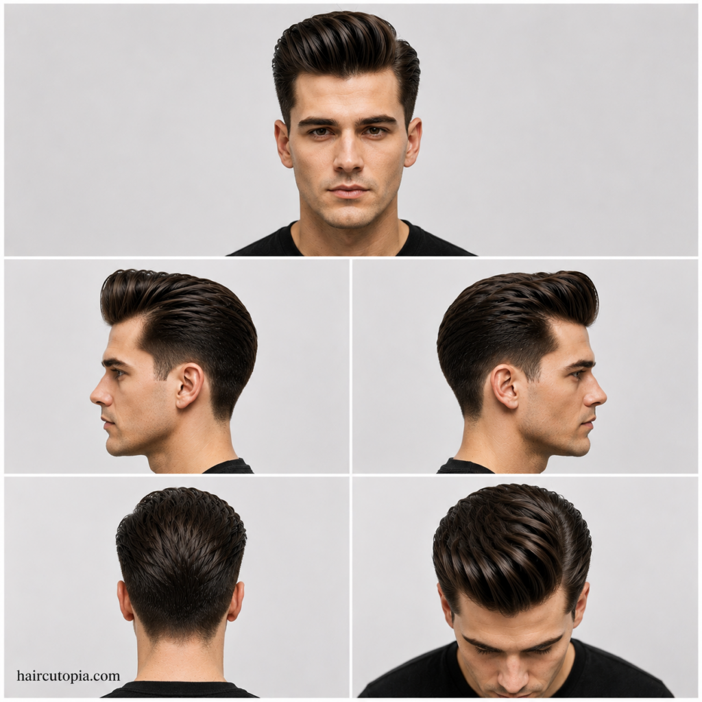 Five-view collage of a classic pompadour haircut for men showing the front, left side, right side, back, and top views