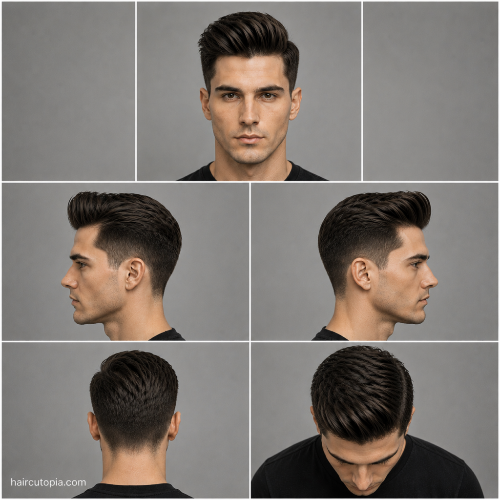 Five-panel collage showing a classic quiff haircut from the front, left side, right side, back, and bird's-eye views with smooth volume, neatly blended sides, and a timeless silhouette.
