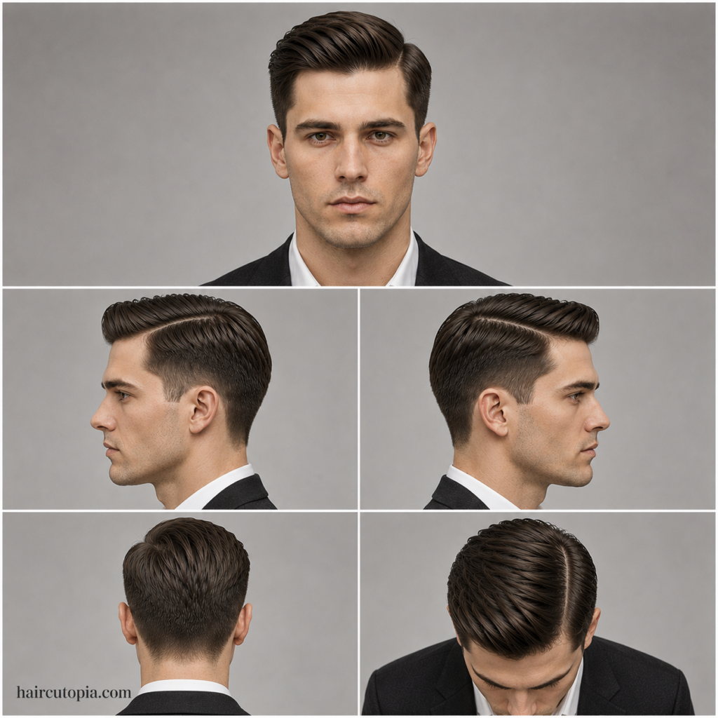 Five-view collage of a classic men’s side part haircut showing front, left side, right side, back, and top views