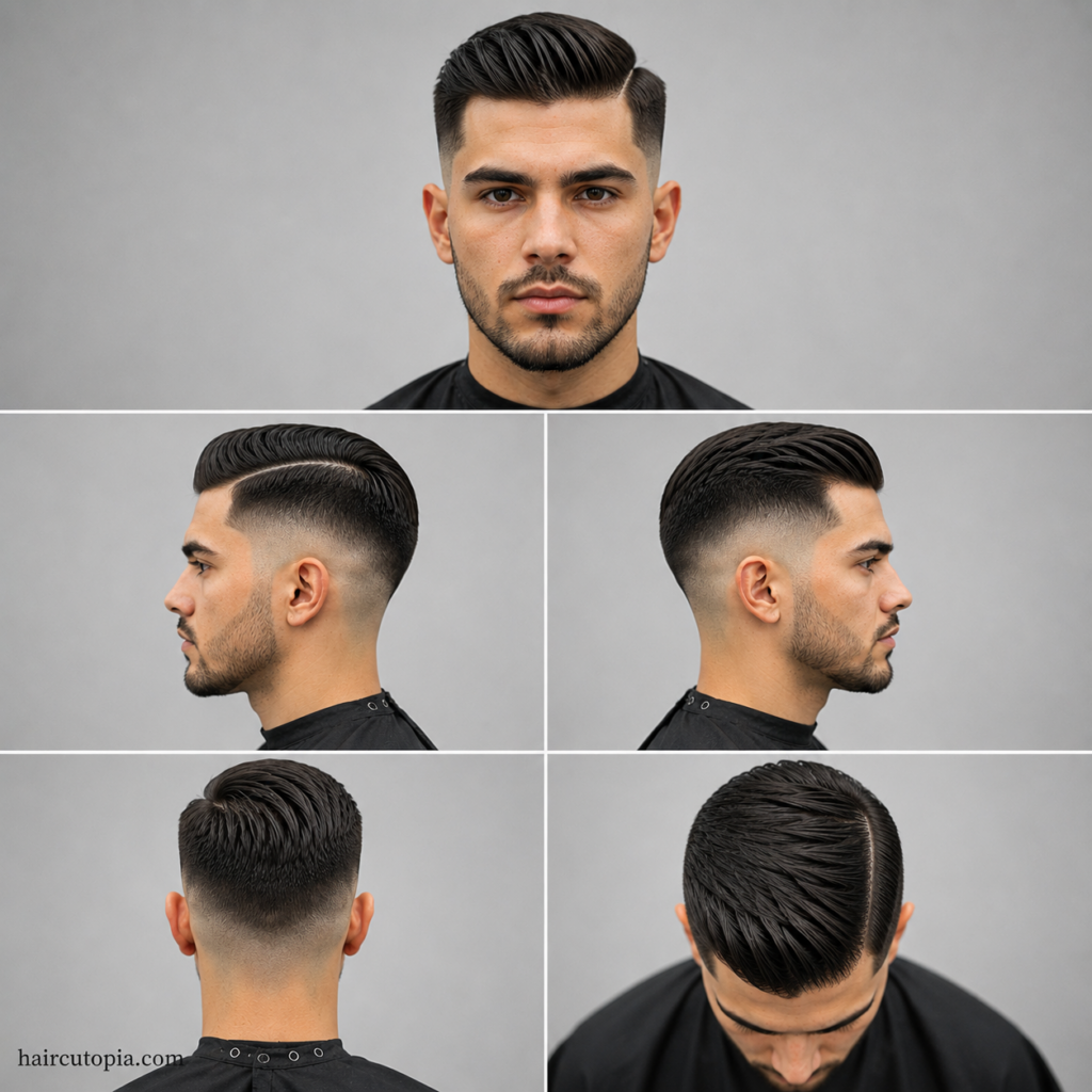 Five-panel collage showing a classic skin fade haircut with a side part from the front, left side, right side, back, and top view.