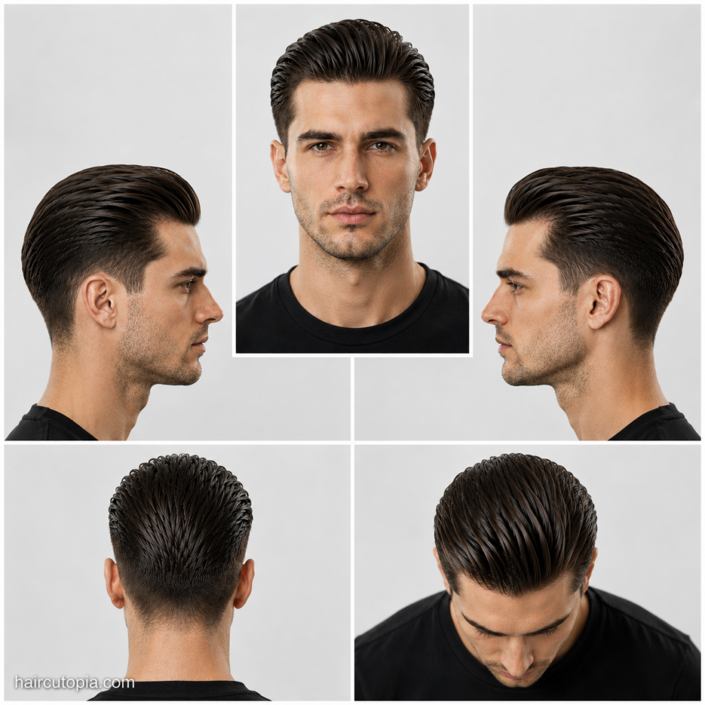 Five-panel collage of a classic slick back haircut showing the front, left side, right side, back, and bird's-eye views with neatly combed hair, clean tapering, and a timeless polished finish.