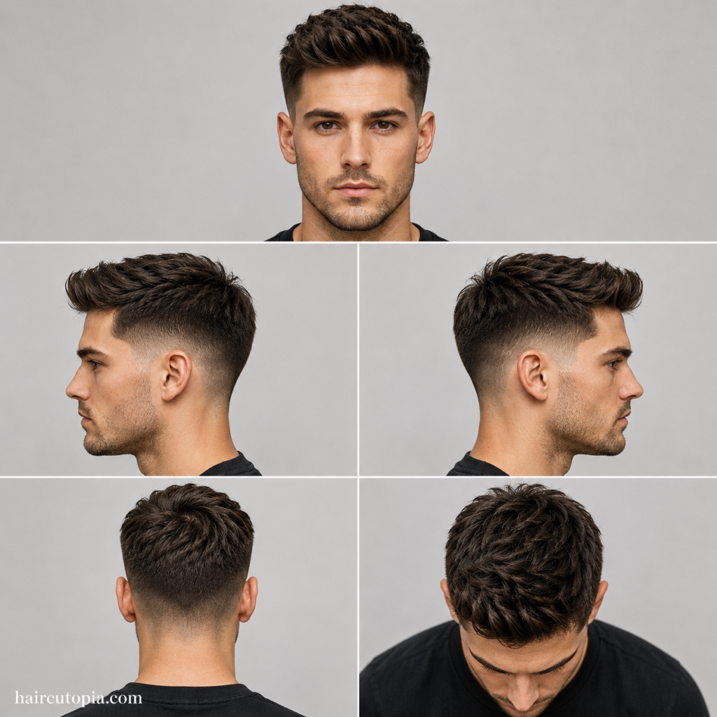 Five-panel collage showing a classic taper fade haircut from the front, left side, right side, back, and top views.
