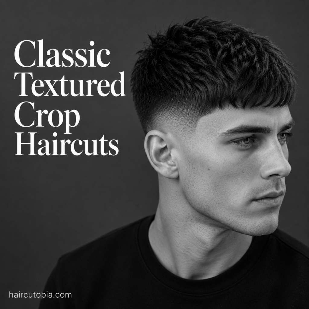 Man with a classic textured crop haircut featuring soft layered texture, a clean taper fade, and a timeless black and white editorial style.
