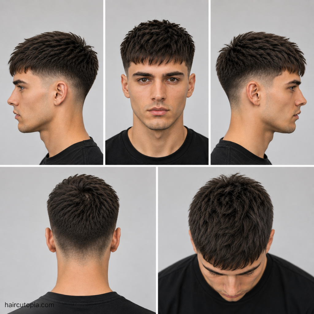 Five-view collage of a men's classic textured crop haircut showing the front, left side, right side, back, and bird's-eye views.