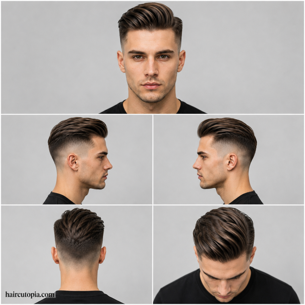 Five-view collage of a classic undercut haircut showing front, left side, right side, back, and top views.