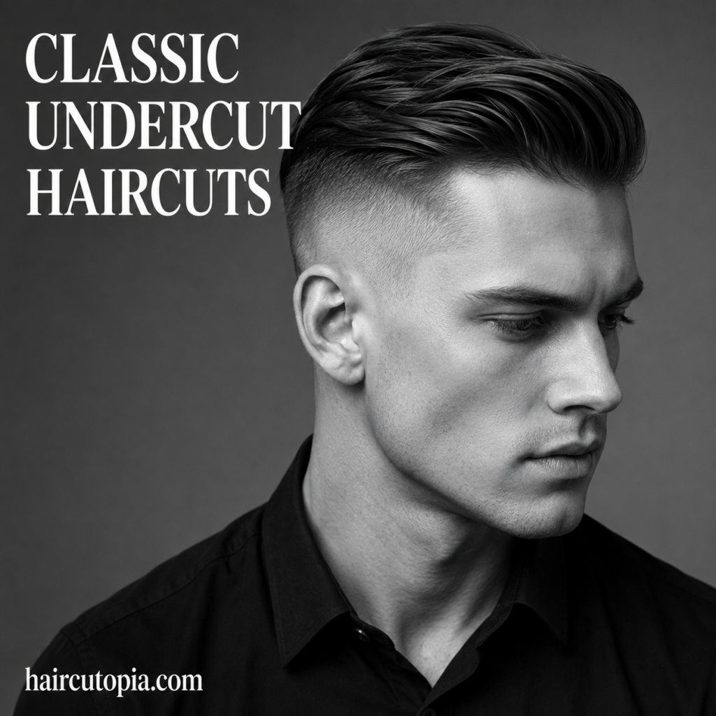 Man with a classic undercut haircut featuring neatly trimmed sides and a longer styled top.