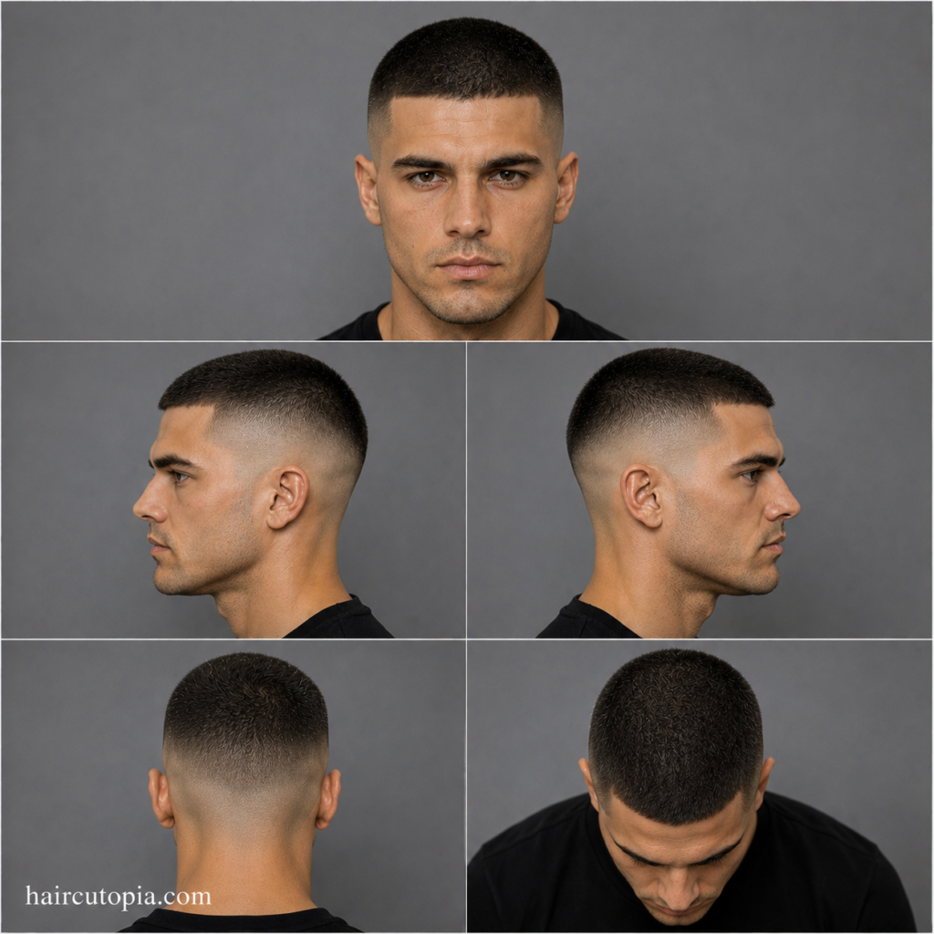 Five-panel collage showing a clean buzz cut haircut from the front, left side, right side, back, and top views.