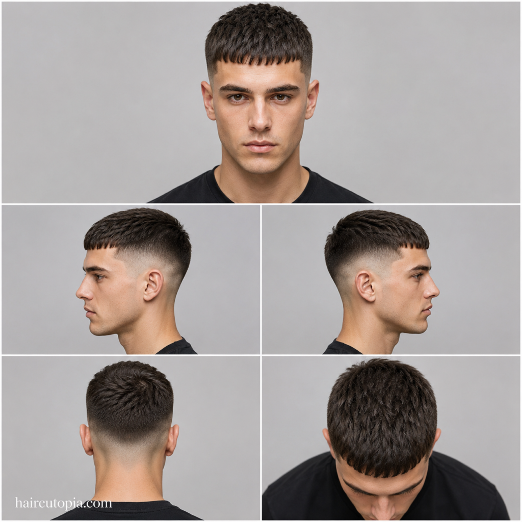 Five-view collage of a clean Caesar cut haircut showing front, left side, right side, back, and top views with textured fringe and faded sides
