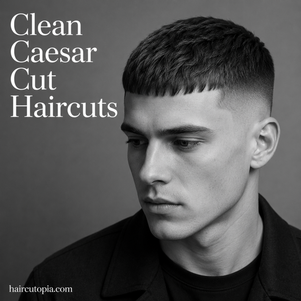 Man with a clean Caesar cut haircut featuring a sharp fringe and faded sides in a modern black and white editorial portrait