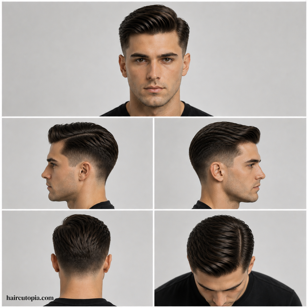 Five-view collage showing a clean men’s comb over haircut from the front, left side, right side, back, and top