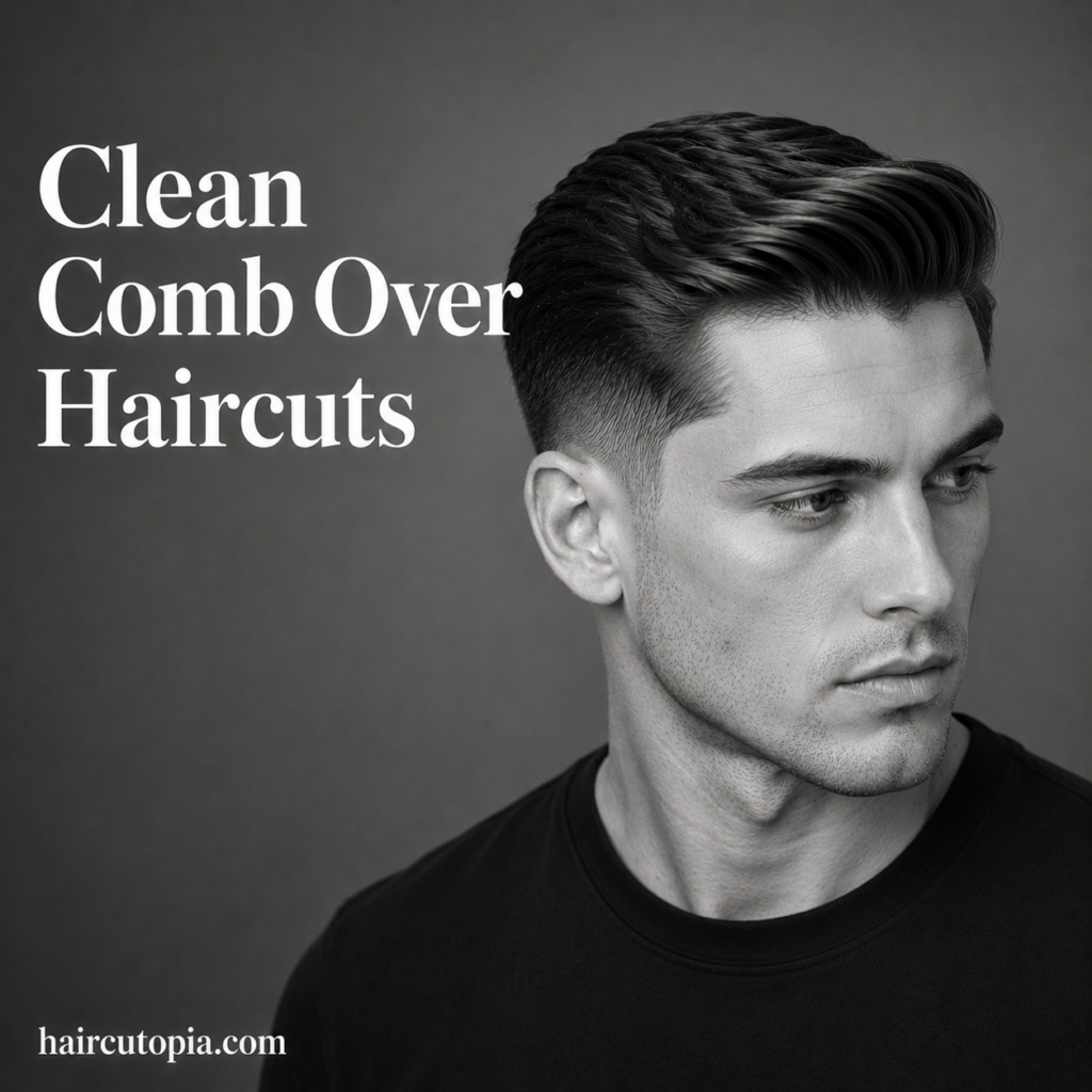 Man with a clean comb over haircut, defined side part, and neatly tapered sides in a black-and-white studio portrait
