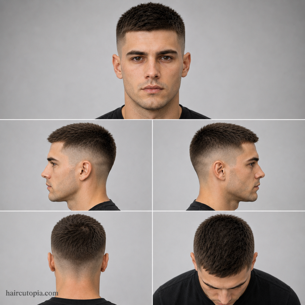 Five-panel collage showing a clean crew cut haircut from front, side, back, and top views