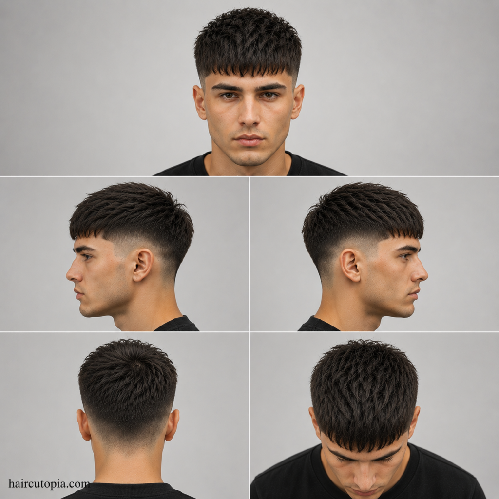 Five-view collage of a clean French crop haircut showing front, side, back, and top views