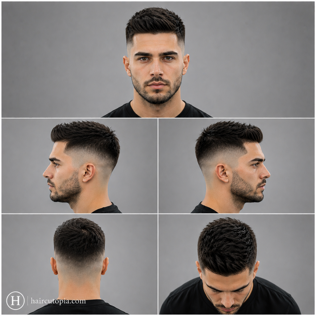 Five-panel collage showing a clean high fade haircut from the front, left side, right side, back, and top views.