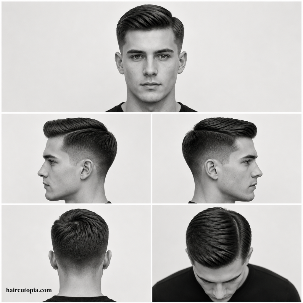 Five-view collage of a clean Ivy League haircut showing front, left side, right side, back, and top views with a sharp side part and tapered sides.