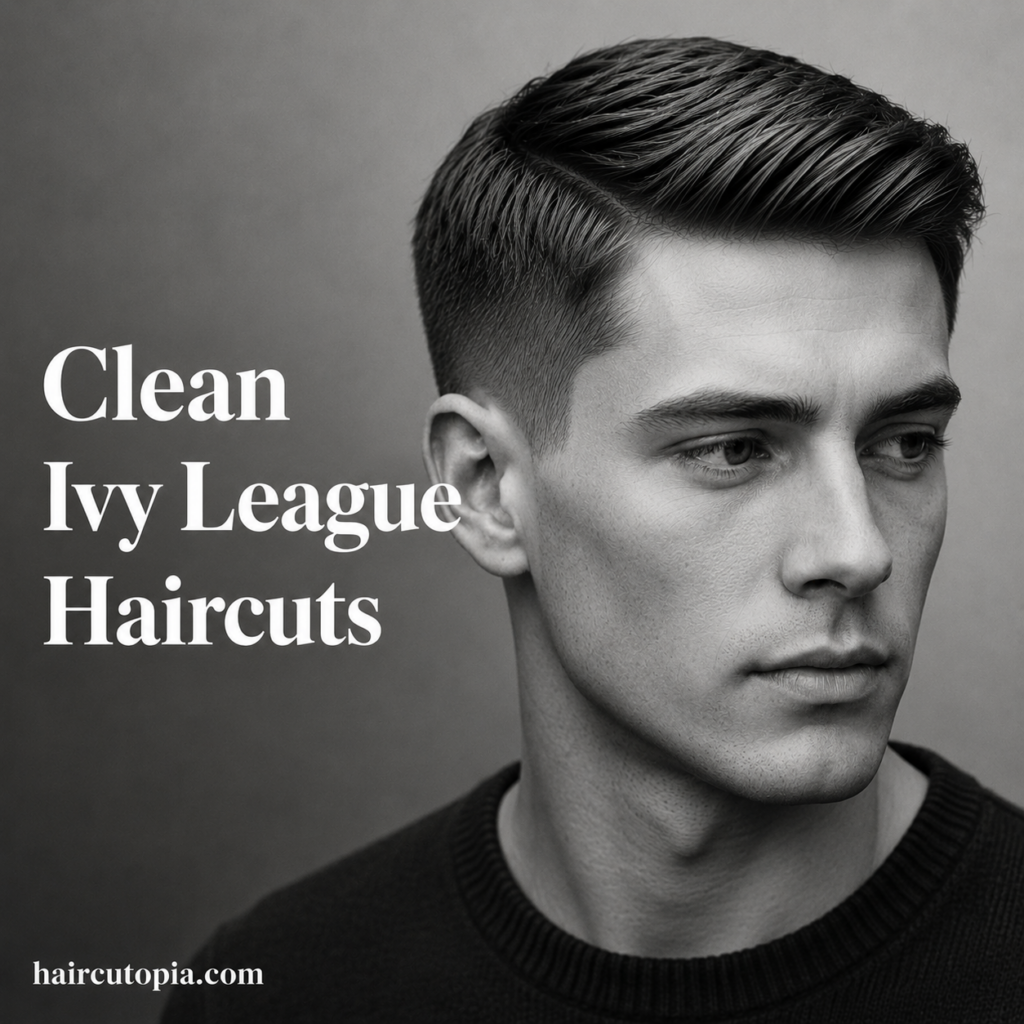 Man with a clean Ivy League haircut featuring a sharp side part, tapered sides, and polished styling in a black and white editorial portrait.